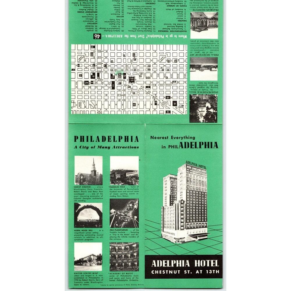 Philadelphia PA Adelphina Hotel Original Brochure Vintage 1940's Chestnut Street